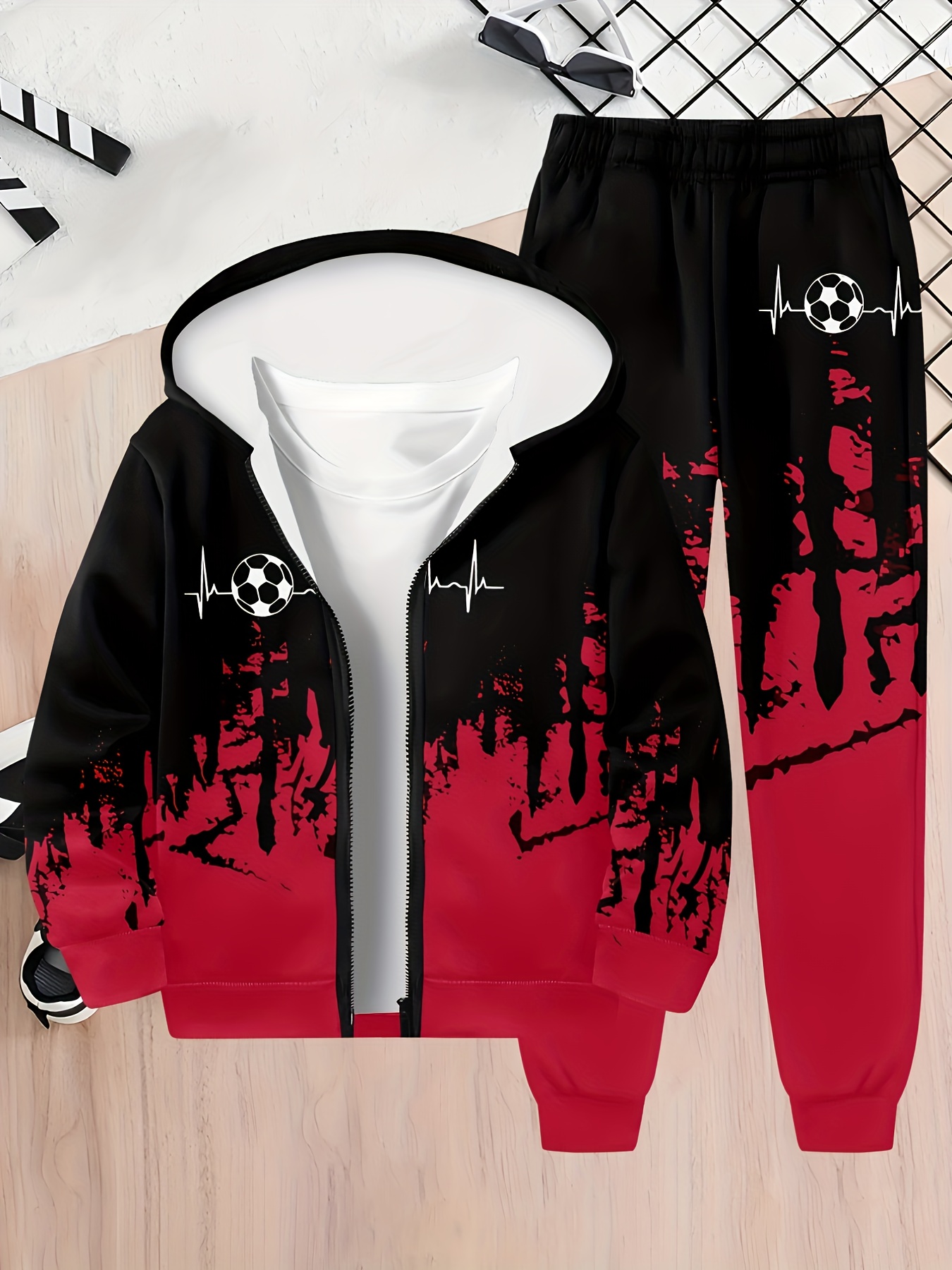 Spring And Autumn Boys' Sweatshirt Set, Featuring a 3D Print Red And Black Contrasting Football Design, Long-Sleeve Zip-Up Sweatshirt Set for Outdoor Sports, Stylish Boys' Hooded Cardigan Sweatshirt Set with Appealing Football Elements