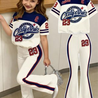 A Two-Piece Set for Girls Featuring a Relaxed Fit Round-Neck Short-Sleeve T-Shirt And Flared Pants, Showcasing a Vintage American Collegiate Style with a Sporty 23 Print, Perfect for Spring And Summer, Embodying a Hippie Vibe, for Outdoor