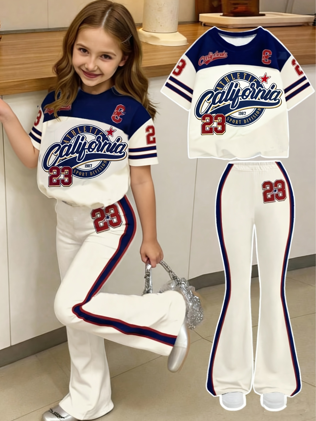 A Two-Piece Set for Girls Featuring a Relaxed Fit Round-Neck Short-Sleeve T-Shirt And Flared Pants, Showcasing a Vintage American Collegiate Style with a Sporty 23 Print, Perfect for Spring And Summer, Embodying a Hippie Vibe, for Outdoor