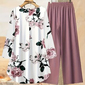 Gavin's Specially Developed European and American Women's 2pcs Set, a New Style, Features a Round-neck Long-sleeve T-shirt with a Short-front, Long-back Design Paired with Plant-print Trousers