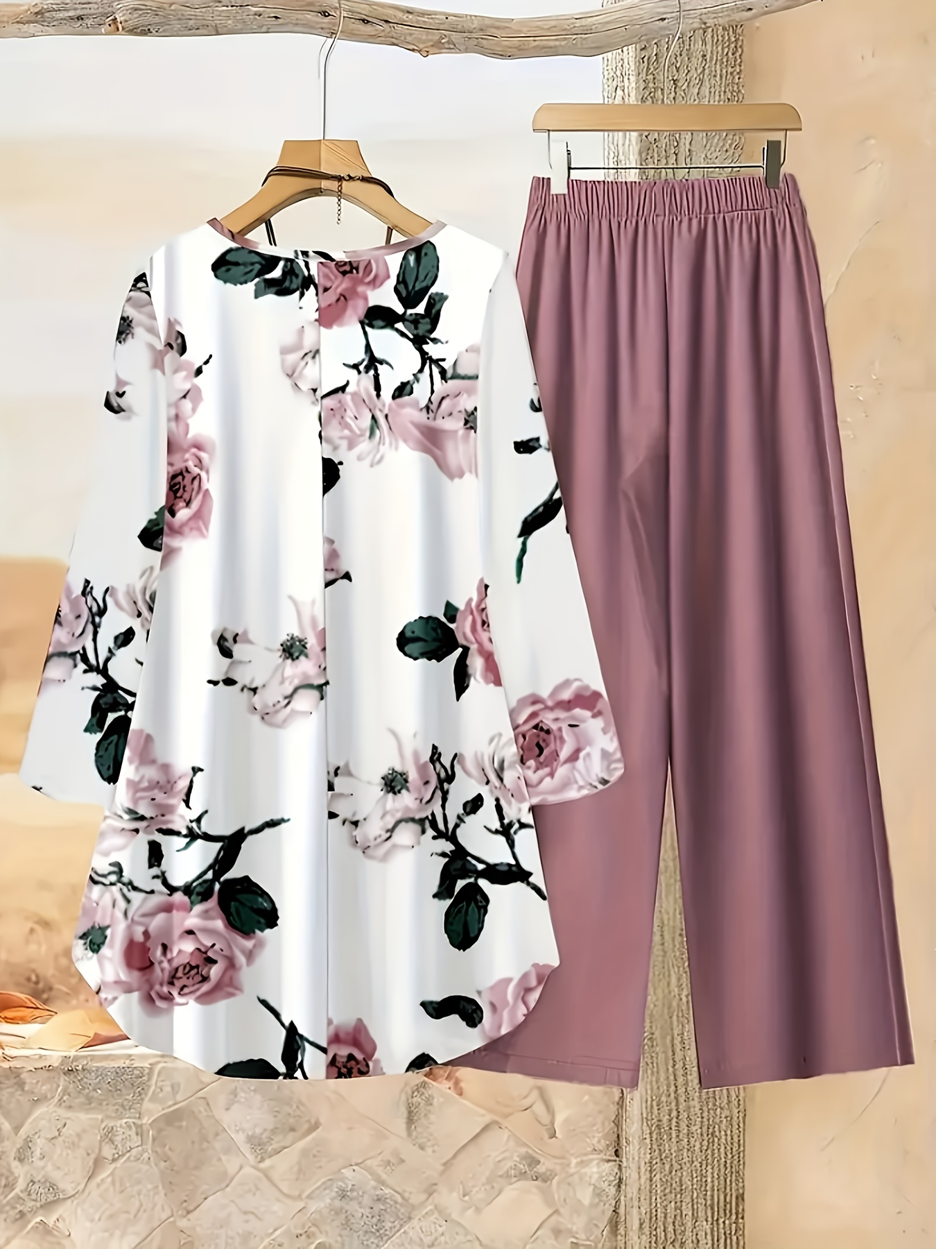 Gavin's Specially Developed European and American Women's 2pcs Set, a New Style, Features a Round-neck Long-sleeve T-shirt with a Short-front, Long-back Design Paired with Plant-print Trousers