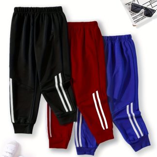 3-Pc of Casual Pants with Elastic Waistband, Side Stripes, Comfortable Trousers for Small And Medium Children, Blue/Red/Black, for Outdoor