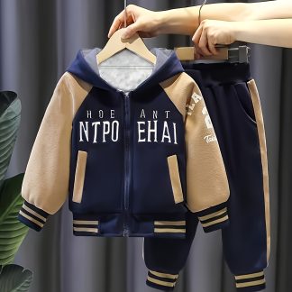 Boys' Spring/Autumn Letter Print Hooded Thickened Warm Jacket and Pants Two-Piece Set, Perfect for Outdoor