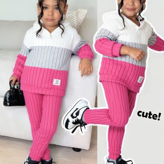 2pcs. Girls' Hooded Sports Long Sleeve Set, Creative Color-Block Patchwork, Creative Letter Patch Decoration, Solid Color Ribbed Knit Fabric with Stretch Suitable for Spring And Autumn, for Outdoor