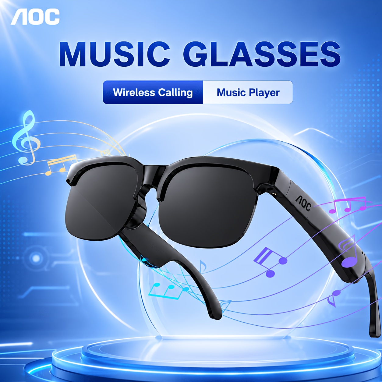 AOC New Smart Glasses, Black Half Frame Glasses, Full of Texture, Wireless Glasses with Wireless Earphones, Support Hands-Free Calls And Music, Lightweight Design, Volume Control Buttons, Built-In Capacitive Microphone, USB Charging
