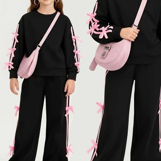 2pcs Set, Girls' Clothing: New Autumn Style Girls' Solid Color Sweatshirt with Ribbon Bow + Wide-leg Pants Set, Casual Sports Long Pants Set, Autumn Girls' Casual Sportswear Pullover Set, Suitable for Ages 3 and Up, Perfect for Outdoor