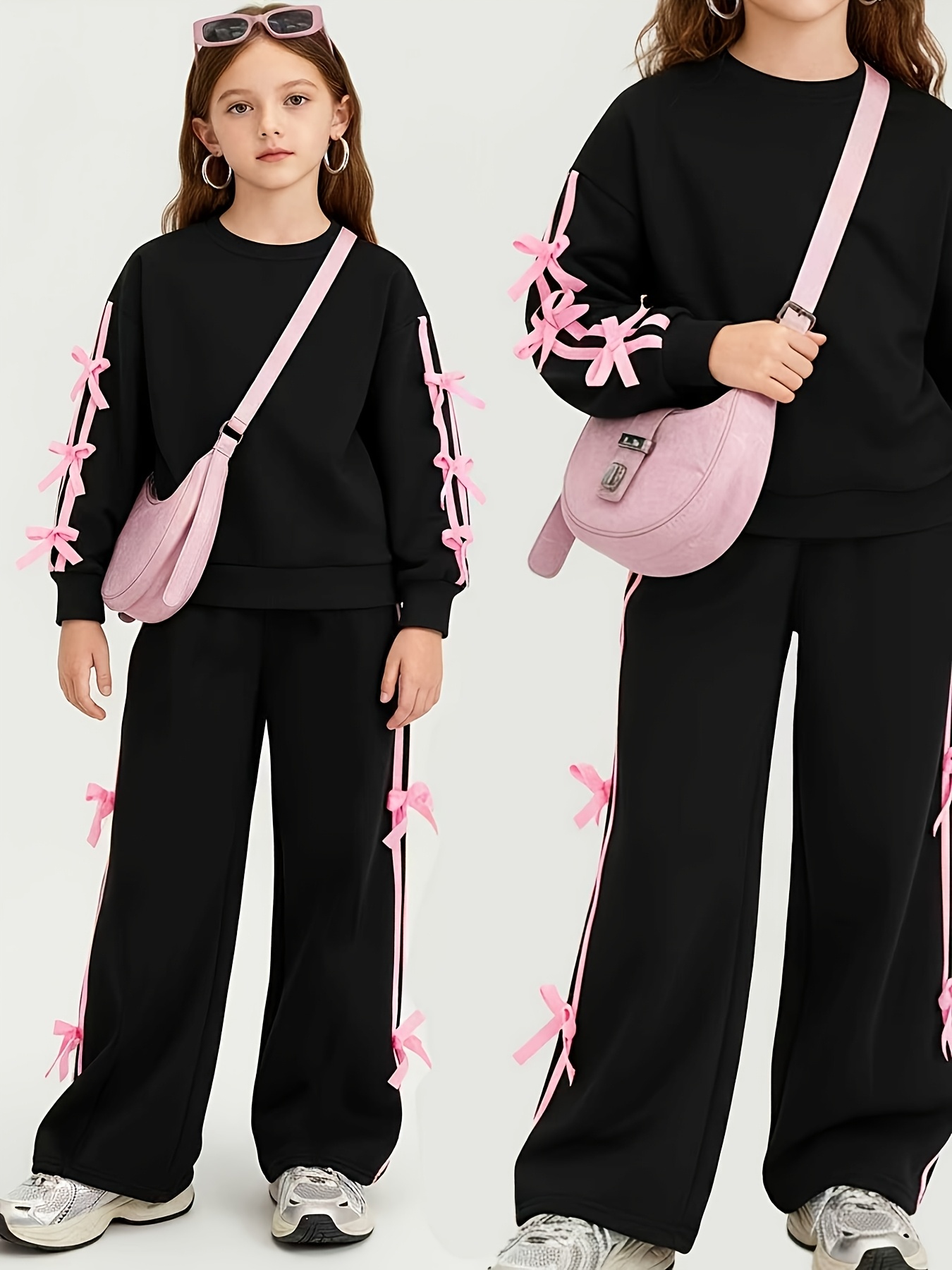 2pcs Set, Girls' Clothing: New Autumn Style Girls' Solid Color Sweatshirt with Ribbon Bow + Wide-leg Pants Set, Casual Sports Long Pants Set, Autumn Girls' Casual Sportswear Pullover Set, Suitable for Ages 3 and Up, Perfect for Outdoor