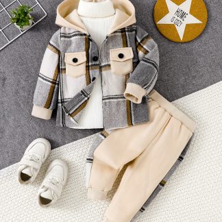 Boys' Fashion Plaid Two-Piece Set: Plaid Hooded Jacket in Gray, White & Brown Tones with Matching Pockets, Vintage & Trendy Minimalist Style, Coordinating Plaid Joggers, Soft & Warm Fabric, Comfortable & Cozy, Ideal for Autumn/Winter, Perfect for