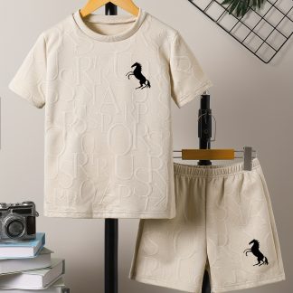 2pcs Boys Casual Letter Embossed Comfort All-Match Short Sleeve T-Shirt And Shorts Set, Cool, Lightweight And Comfortable Daily Outdoor Wear, for Outdoor
