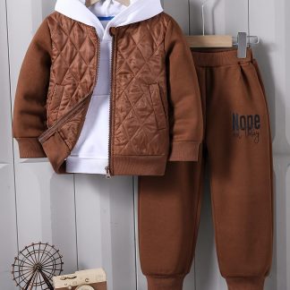 Boys' Casual Zip-Up Hoodie and Sweatpants Set, Polyester Fiber, Alphabet Pattern, Elastic Waistband, Long Sleeve, Comfortable Fall/Winter Apparel, for Outdoor