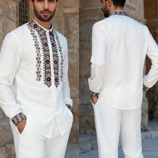 Men'S Embroidered Long Sleeve Shirt, New Fashion Embroidered Ethnic Style, Spring Autumn Lapel Tie-Up Long Sleeve Shirt