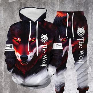 Men's Domineering Wolf Head 3D Printed Hooded Sweatshirt Set Trendy Sports Casual Sweatshirt and Pants Two-Piece Set