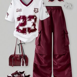 Girls' 2pcs Set, Featuring an American-style Raglan Sleeve Graphic T-shirt and Cargo Pants. Perfect for Outings, This Trendy and Chic Streetwear Set Is a Favorite Among Girls. Ideal for Spring and Summer Wear, Perfect for Outdoor