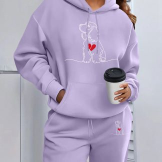 Plus Size - Plus Size - Plus Size Hooded Sweatshirt And Joggers, Cute Dog Heart Pattern Cozy Design Printed Set - Comfortable, Elastic Fabric Suitable for Casual Wear