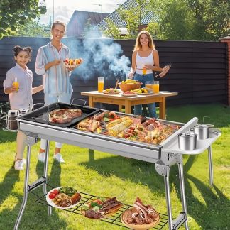 XXL Charcoal Grill, 118 * 33 * 72cm, Folding Grill, Camping Grill, Picnic Grill, Made Of Stainless Steel, Grill with Non-stick Pan, Storage Basket & Storage Plate, for 5-10 People, Complete Accessories