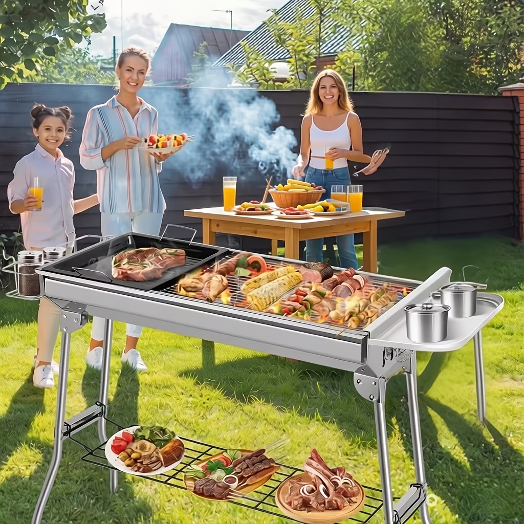 XXL Charcoal Grill, 118 * 33 * 72cm, Folding Grill, Camping Grill, Picnic Grill, Made Of Stainless Steel, Grill with Non-stick Pan, Storage Basket & Storage Plate, for 5-10 People, Complete Accessories