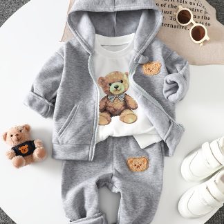 3pcs Boys' Bear Set, Hooded Zip-Up Cartoon Bear Embroidered Jacket + Bear Print Long-Sleeve Sweatshirt + Bear Embroidered Elastic Waist Pants, Soft and Warm Three-Piece Set, Ideal Gift Choice, Perfect for Outdoor Wear, Perfect for Outdoor