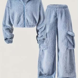 2pcs Girls' Loose Casual Soft Fleece High-Neck Jacket And Cargo Pants Set, Suitable for Daily Commute, Casual Wear, Vacation, Party, Street Photography, Autumn/Winter, for Outdoor