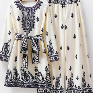 Women's Casual Elegant Floral Print Round Neck Long Sleeve Top and Pants Set BK123002