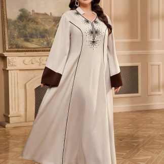 Plus Size - Plus Size - Middle Eastern Spring/Summer Plus Size Arab Style Printed V-Neck Flared Sleeve Skirt-Length Long Sleeve Abaya Long Dress Elegant Casual Women'S Dress
