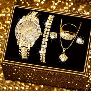 6pcs Set: New Elegant Casual Fashionable Women's Quartz Watch with Exquisite Surface, Ring, Bracelet, and Necklace. Perfect for Daily Wear, Birthdays, Parties, Ramadan, New Year's, Christmas, Halloween Costumes, and Gifts for Family and Friends
