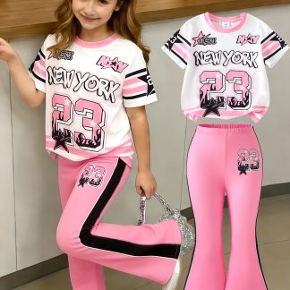 A Short-Sleeve T-Shirt with a Round Neck Featuring Letters And Numbers, Paired with Flared Pants, This Casual And Stylish Outfit Is Perfect for Girls to Wear During Outdoor Activities in Spring And Summer. Made from Comfortable Fabric, for Outdoor
