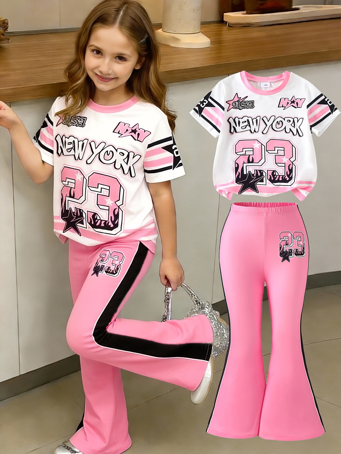 A Short-Sleeve T-Shirt with a Round Neck Featuring Letters And Numbers, Paired with Flared Pants, This Casual And Stylish Outfit Is Perfect for Girls to Wear During Outdoor Activities in Spring And Summer. Made from Comfortable Fabric, for Outdoor