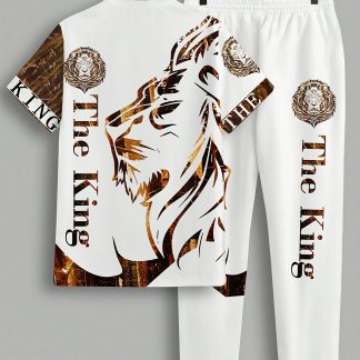 Fashion Lion Digital Printing Short-Sleeved Round-Neck Men'S Street Casual Set, Casual Choice, Casual Sportswear Breathable Outdoor Casual Men'S T-Shirt Five-Piece Pants Set Summer Printed Adult Set
