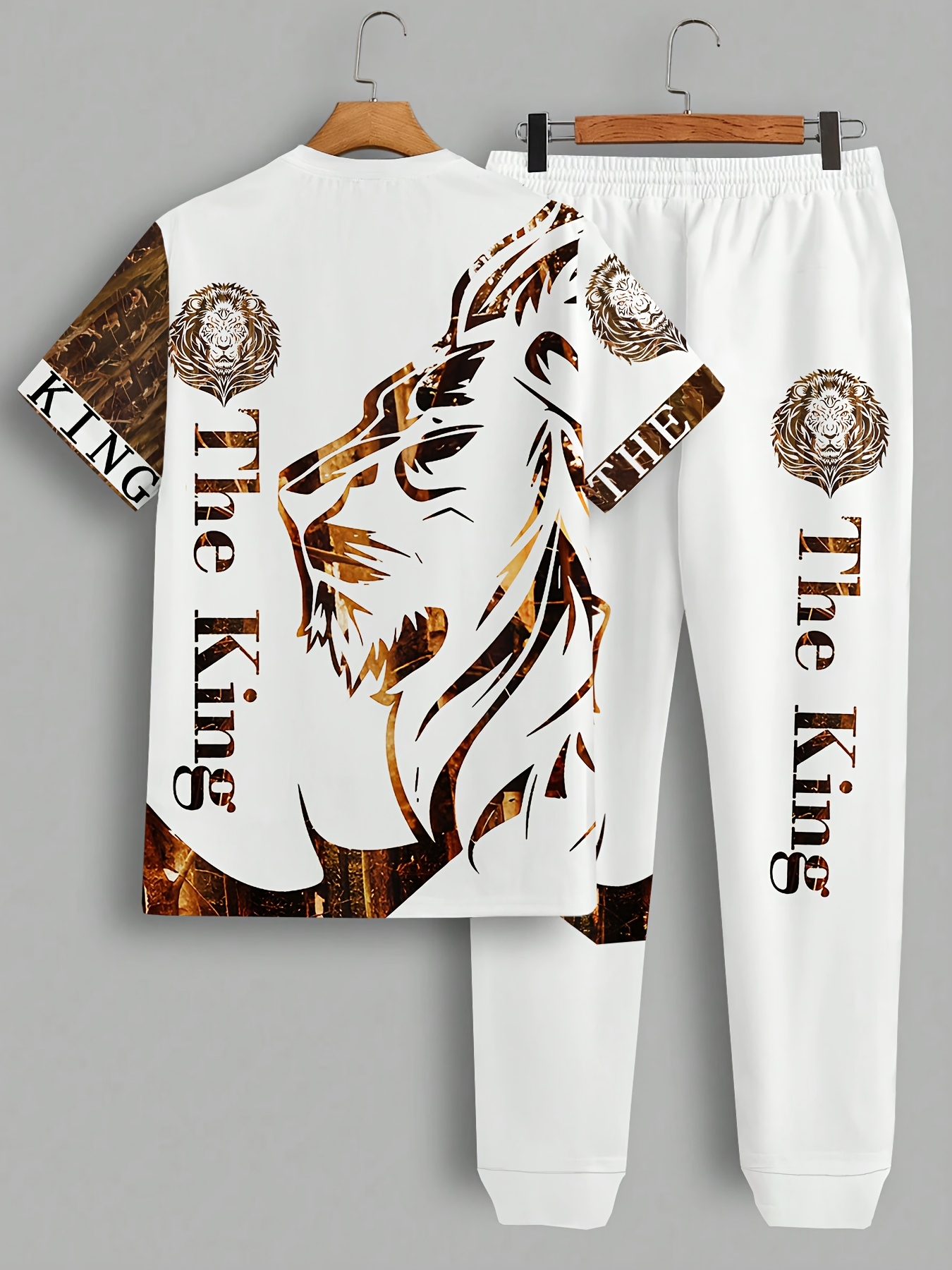Fashion Lion Digital Printing Short-Sleeved Round-Neck Men'S Street Casual Set, Casual Choice, Casual Sportswear Breathable Outdoor Casual Men'S T-Shirt Five-Piece Pants Set Summer Printed Adult Set