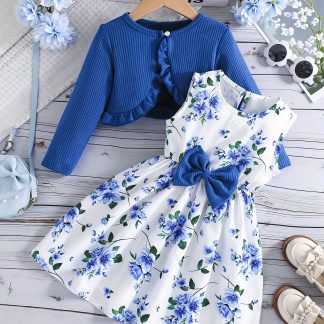 Girls' Spring, Summer, and Autumn Cardigan Jacket and Vest Print Dress 2pcs Set, Back-to-School Season Campus Fashion Outfit