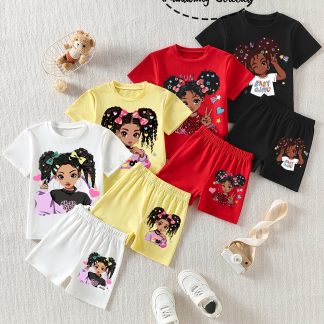 One Item Will Be Sent Randomly. Available in 4 Colors. 1 Set: Short-sleeve Crewneck T-shirt + Shorts Set with Cute Cartoon Patterns, Suitable for Outdoor Sports and Daily Casual Wear in Spring and Summer, Perfect for Outdoor