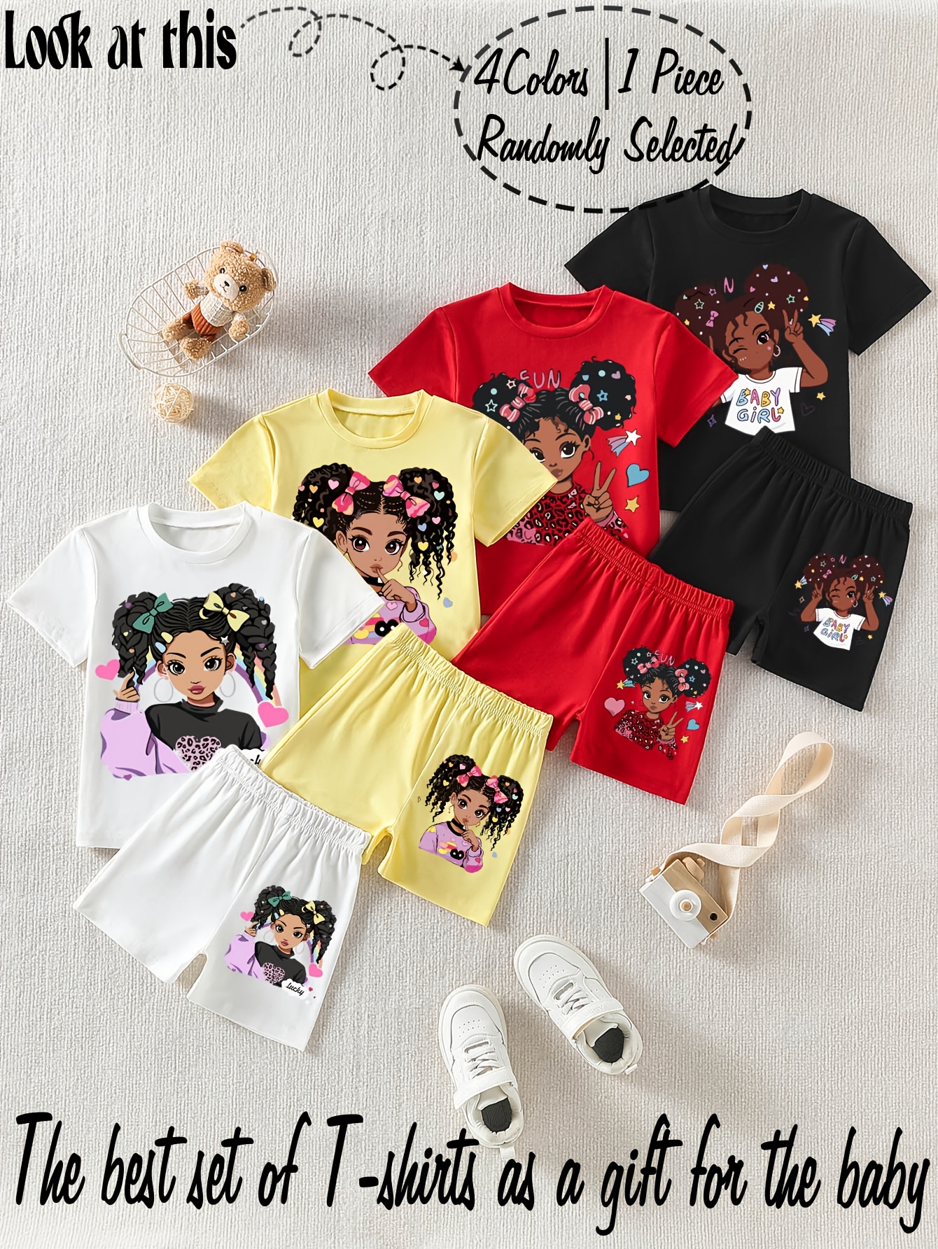 One Item Will Be Sent Randomly. Available in 4 Colors. 1 Set: Short-sleeve Crewneck T-shirt + Shorts Set with Cute Cartoon Patterns, Suitable for Outdoor Sports and Daily Casual Wear in Spring and Summer, Perfect for Outdoor