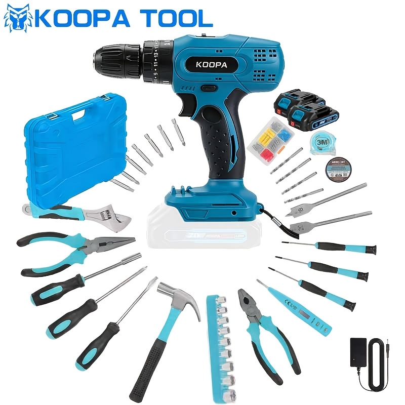 KOOPA TOOL Handheld Impact Drill Power Tool, 25+3 Adjustable Torque Settings, 2 Gear Speed Multifunctional Screwdriver, Can Be Equipped with Portable Plastic Box Set, Suitable for Home Daily
