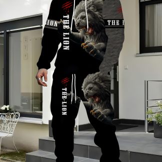 Fluffy Lion Print Men's Set Sweatshirt Joggers Long Sleeve Casual 2pcs Sportswear Outdoor Fashion Polyester