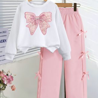 8-12 Years, Girls' Spring/Autumn Elegant 2pcs Set, Loose Bowtie Sequin Embroidered Long-Sleeve Sweatshirt + Loose Casual Straight-Leg Pants, Suitable for Spring/Autumn Outdoor Gatherings, School Outfits, Birthday Gift, Perfect for Outdoor