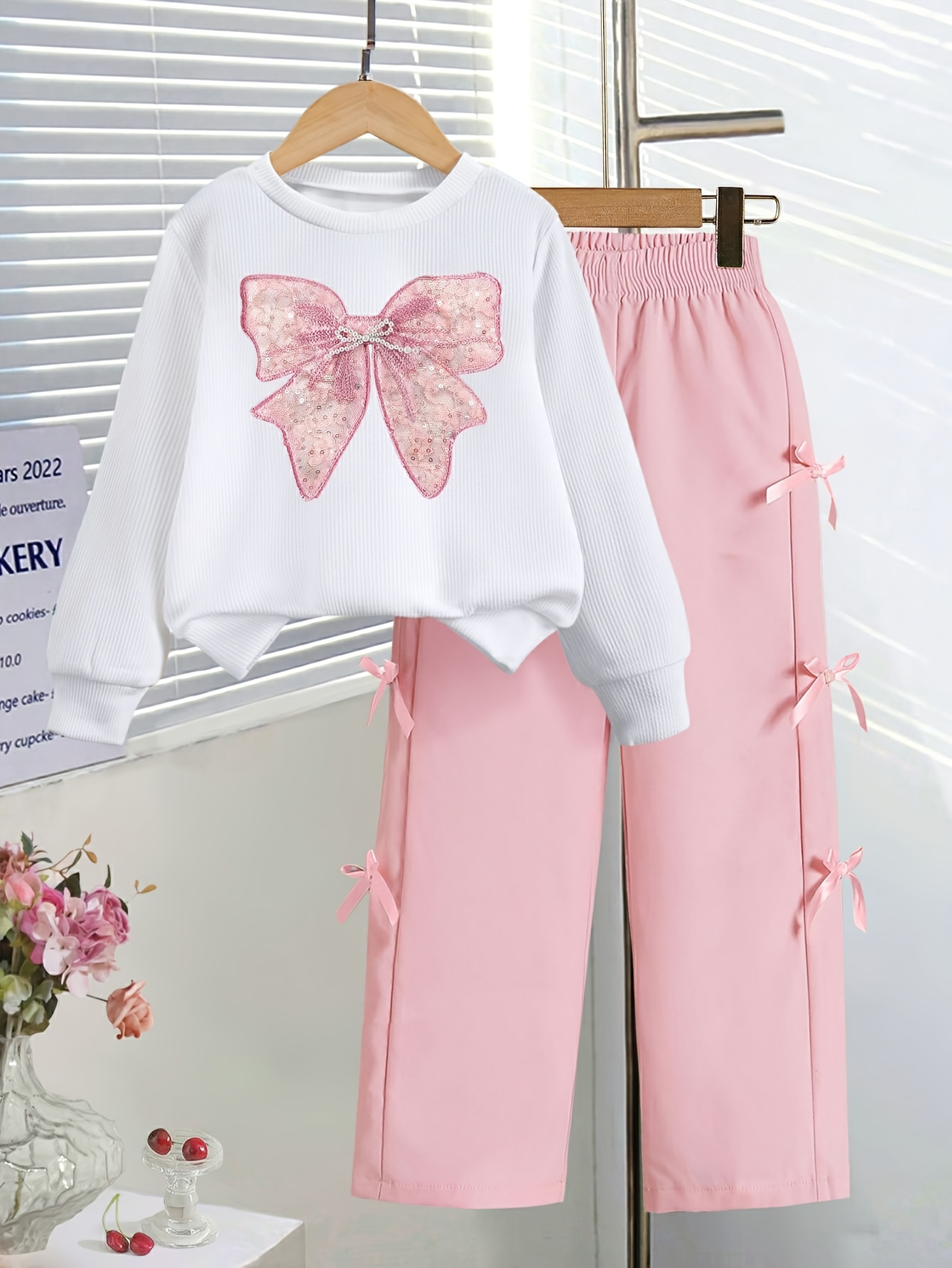 8-12 Years, Girls' Spring/Autumn Elegant 2pcs Set, Loose Bowtie Sequin Embroidered Long-Sleeve Sweatshirt + Loose Casual Straight-Leg Pants, Suitable for Spring/Autumn Outdoor Gatherings, School Outfits, Birthday Gift, Perfect for Outdoor