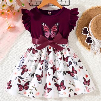 New Summer Girls' Butterfly Print Patchwork Solid Color Notched Sleeveless Ruffle + Belt Dress