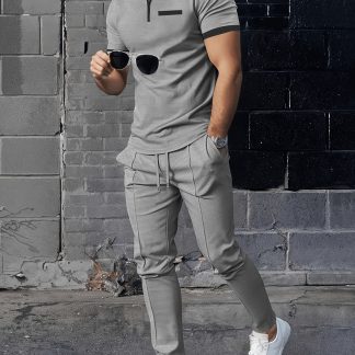 Men's Summer Fashion Suit Handsome Trendy Turn- Collar Short Sleeve Casual Outing Versatile Long Pants Men's 2pcs Set