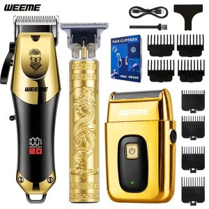 WEEME 3pcs Men's electric hair clipper set, hair clipper set, home electric hair clipper set, USB charging electric hair clipper, alloy blade, LCD display, carving design, for home car travel, Father's Day gift
