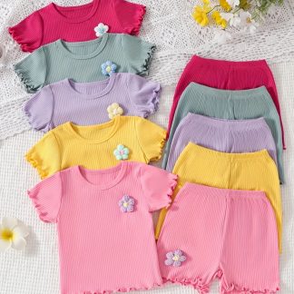 Random 1 Set | 2pcs Baby Girl Short-Sleeved T-Shirt And Pants, Suitable for 0-6 Years Old, Soft And Elastic Polyester Fiber Material, for Outdoor