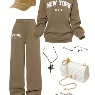 Girls' Autumn and Winter Casual Solid Color Round Neck Sweatshirt with Letter Print Long Pants Two-Piece Set, Suitable for Daily Outings, Park Walks, School Wear, Holiday Gift, Perfect for Outdoor