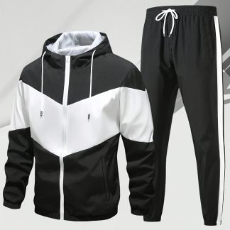 Men'S Casual 2pcs Athletic Set Unisex Couple All-Season Spring Autumn Loose Color-Block Athletic Outfit Hooded Sweater Zip-Up Jacket Long Sleeve Outerwear Long Pants Jogging Trousers Gym Workout Running Outdoor Set Elastic Pants Hoodie Top And Botto