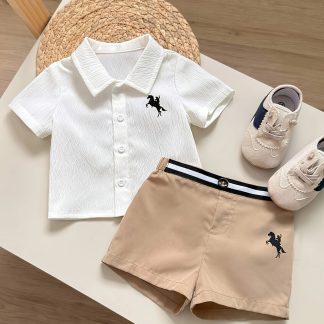 2pcs Set for Newborn Baby Boy with a Casual Fashion Short-sleeved Printed Shirt with a Collar and an Elastic Waist Khaki Shorts for Daily Play., Perfect for Outdoor