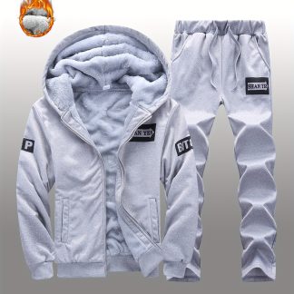 Men's Winter -Lined Thick Warm Jacket and Trendy Joggers 2pcs Sportswear Set