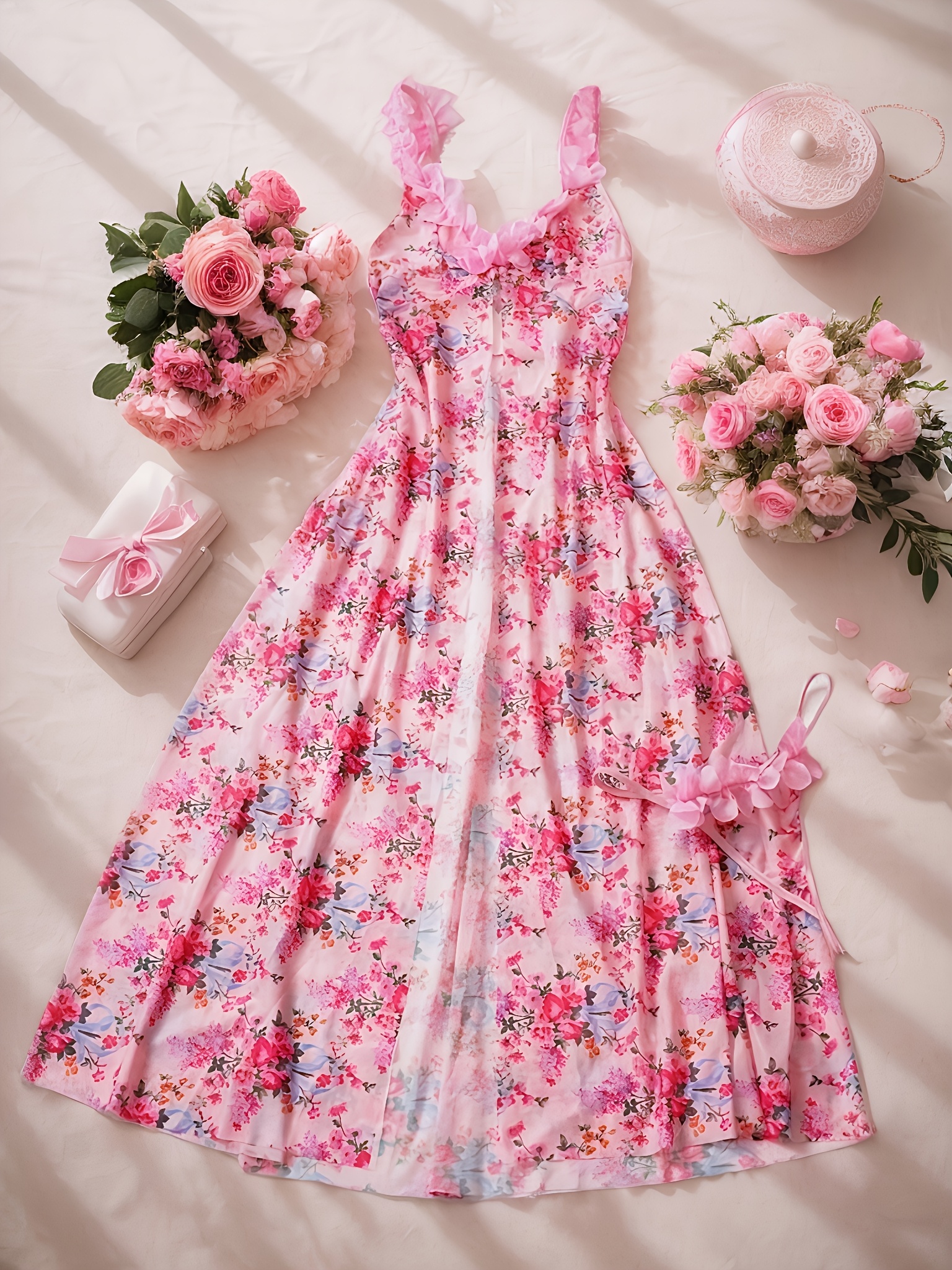 Elegant Floral Print Nightgown Set - 2pcs Sexy Mesh 3D Floral Strapless Nightgown And Complimentary Low-Rise Panties Cherry Blossom Petal-Adorned Straps Soft, Lightweight, High-Quality Fabric Creates a Cozy And Inviting Atmosphere - Image 4