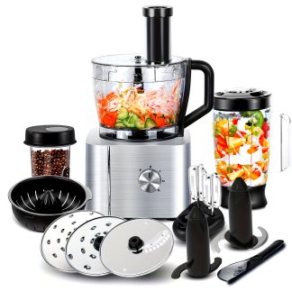 Food Processor 11-In-1 with Chopping Blending Kneading Grinding Whisking Juicing, 1100W, 3 Speeds Plus Pulse, 3.2 L Bowl And 1.5L Jug Blender Silver