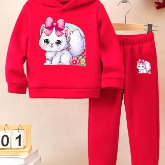 Red 2pcs Set Girls' Toddler New Trendy Sweet Cute Pink Bow Cat Print Classic Hooded Long Sleeve Fleece Warm Winter Outfit And Casual Easy Athletic Trousers Fall Winter Set, for Outdoor