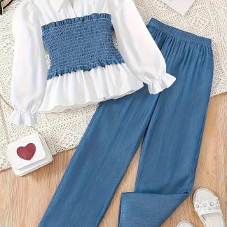 Girls Fashion 2pcs Set with Notched Collar Shirt and Wide-Leg Pants in Blue - Polyester, Stretch Fabric, Machine Washable for Spring/Autumn, Perfect for Outdoor