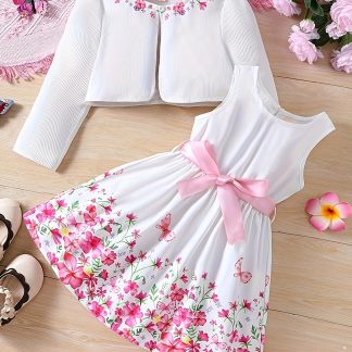 2pcs Set: Girls' Elegant and Charming Floral Butterfly Print Sleeveless Round Neck Dress with Belt + Sweet Floral Print Solid Color Coat Set, Christmas Set, Gift, Holiday Party, Suitable for Parties/Gatherings/Evenings/Outdoors/Casual/Daily Wear