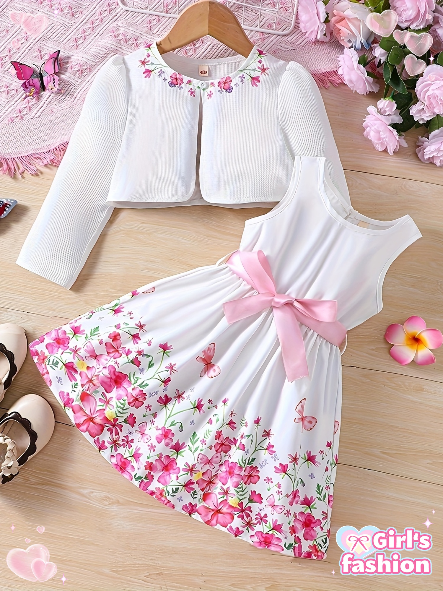 2pcs Set: Girls' Elegant and Charming Floral Butterfly Print Sleeveless Round Neck Dress with Belt + Sweet Floral Print Solid Color Coat Set, Christmas Set, Gift, Holiday Party, Suitable for Parties/Gatherings/Evenings/Outdoors/Casual/Daily Wear